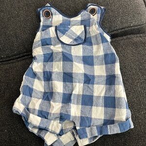 Blue and white gingham overalls